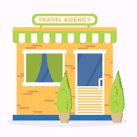 Facade travel agency. Travel agency building exterior. Idea of tourism and transportation. Tourism center office. Flat vector illustration.のイラスト素材