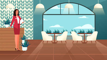 Restaurant female manager standing and waiting for visitors. Cafe administrator welcoming guest. Restaurant interior. Isolated flat vector illustrationのイラスト素材