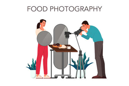 People taking photo of food with professional camera in studio. Vector concept illustrationのイラスト素材