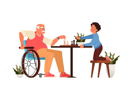 Old man play chess with his grandson. Peope sitting at the table with chessboard. Chess tournament between old and young boy. Isolated vector illustration in cartoon styleのイラスト素材