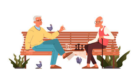 Old men play chess. Elderly peope sitting on park bench with chessboard. Chess tournament between two old men. Isolated vector illustration in cartoon styleのイラスト素材
