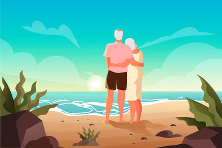 Happy seniors spending time on a tropical beach with palmsのイラスト素材