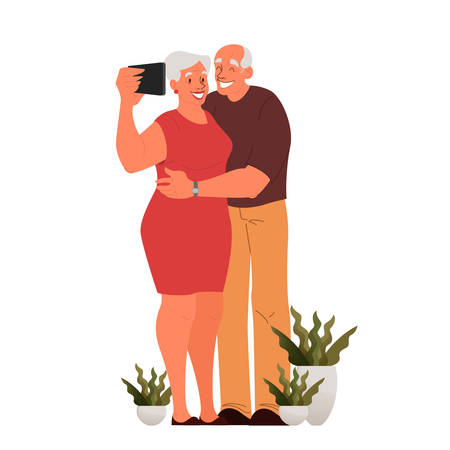 Old couple taking selfie together. Elderly characters taking photo of themselves. Old people lifestyle concept. Seniors having an active social life. Isolated vector illustration in cartoon styleのイラスト素材