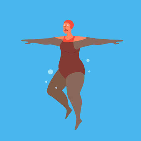 Old woman in swimming pool. Elderly character have an active lifestyle. Senior under water. Isolated flat illustrationのイラスト素材