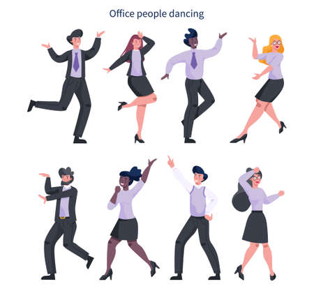 Office worker dancing set. Collection of business people in suit dancing together. Employee having fun at workplace. Isolated cartoon illustrationのイラスト素材