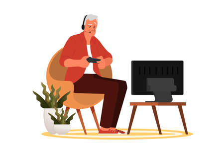 Old man playing video games. Senior playing video gamesのイラスト素材