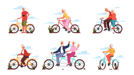 Old man and woman riding their colorful bicycle. Active outdoor lifeのイラスト素材