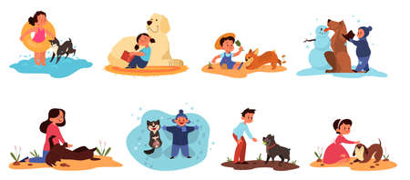 Children play with their dogs set. Collection of happy kid and pet spend time together. Friendship between animal and children. Isolated vector illustration in cartoon styleのイラスト素材