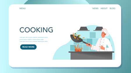 Food delivery web banner. Online delivery concept. Male restaurant chef in white uniform cooking meal on the kitchen. Chef at the stove. Vector illustration in cartoon styleのイラスト素材