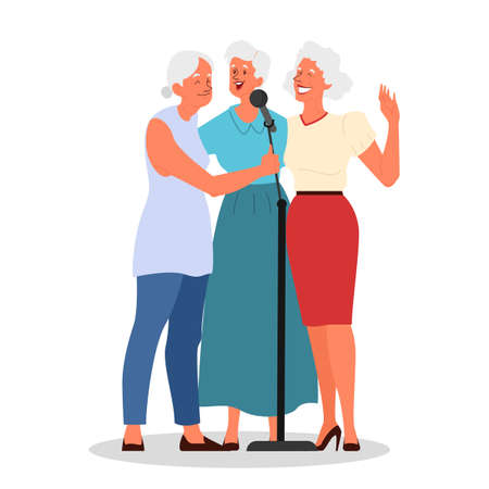 Senior people singing karaoke. Three old woman singing songのイラスト素材
