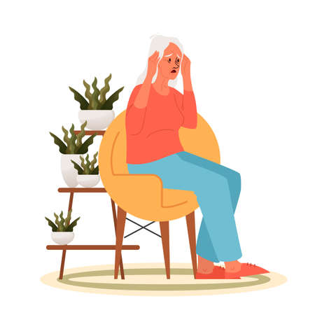 Tired old woman with a headache. Eldery person with painfull head. Grandmother sitting in armchair suffering from headache and holding her temples. Vector illustration in cartoon styleのイラスト素材