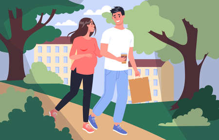 Daily life during pregnancy. Young woman preparing to be mom. Young woman walking in the park with husband. Baby awaiting. Pregnant woman with a big belly. Isolated vector illustrationのイラスト素材