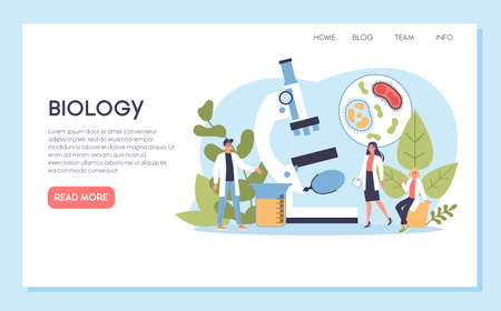 Biology science web banner or landing page. People with microscope make laboratory analysis. Idea of education and experiment. Vector illustration in cartoon styleのイラスト素材