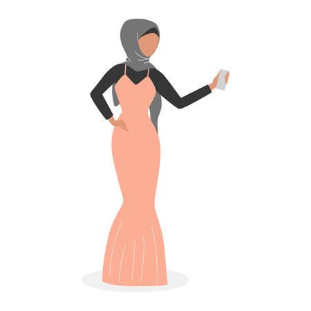 Muslim woman taking selfie. Arabic character taking photo of herself. Isolated vector illustrationのイラスト素材