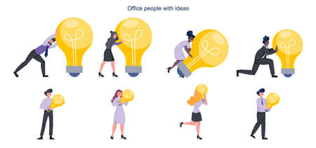 Idea concept. Business people holding a light bulb as metaphor set. Creative mind and brainstorm....