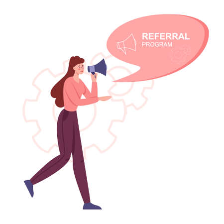 Referral program concept. Woman advertising a program. Referral marketing and business partnership, referral program strategy and development. Vector illustrationのイラスト素材