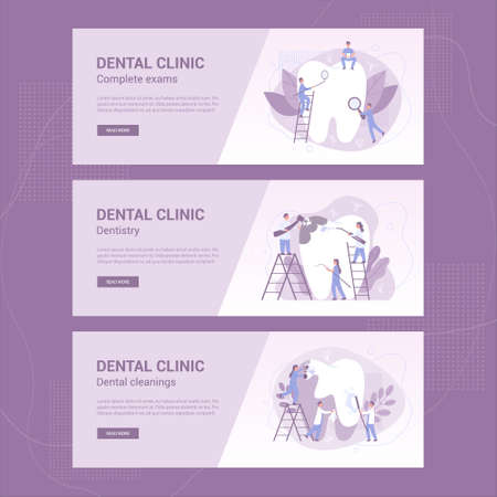 Dental clinic web banner or header set. Dentistry concept. Idea of dental care and oral hygiene. Medicine and health. Stomatology and teeth treatment. Isolated flat illustrationのイラスト素材
