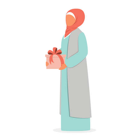 Muslim woman holding gift box. Arabian woman in differentのイラスト素材