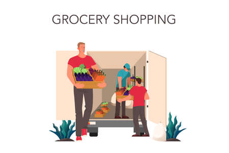 Distribution of fresh vegetables and grocery to restaurant and cafe. Supervisor and loader cary goods from truck. Grocery delivery for business. Vector flat illustration.のイラスト素材