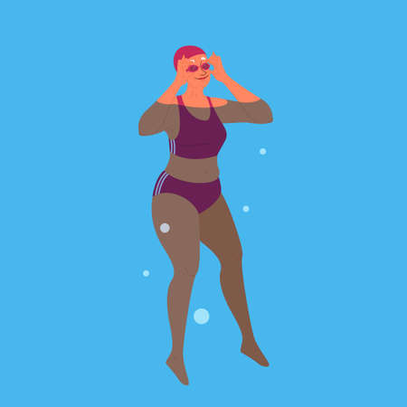 Old woman in swimming pool. Elderly character have an activeのイラスト素材