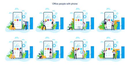 Business woman and man with mobile phone set. Collection of female and male office worker in suit with smartphone. Isolated flat vector illustrationのイラスト素材