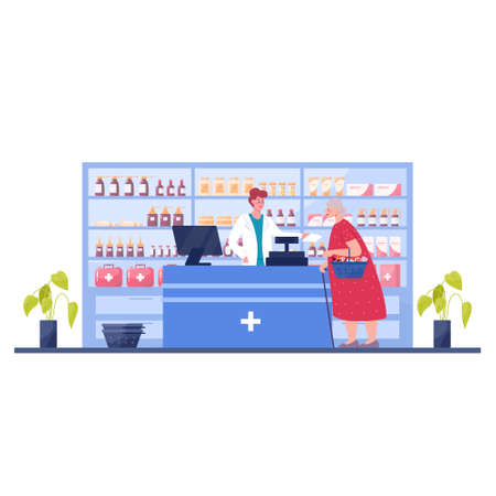 Modern pharmacy interior with visitor. Client order and buyのイラスト素材