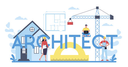 Architect typographic header concept. Idea of building project and construction work. Scheme of house, engineer industry. Construction company business. Isolated flat vector illustrationのイラスト素材