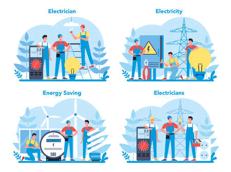 Electricity works service concept set. Professional worker in the uniform repair electrical element. Technician repair and energy saving. Isolated vector illustration in cartoon styleのイラスト素材