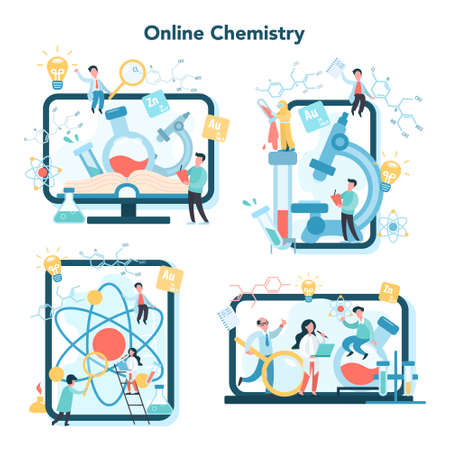 Chemistry online studying concept set. Online course or webinarのイラスト素材