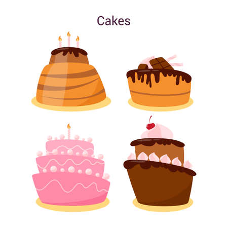 Colorful cakes set. Different pastry for holidays. Sweet delicious creamのイラスト素材
