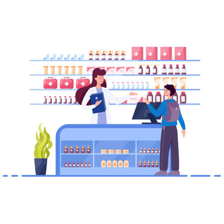 Modern pharmacy interior with visitor. Client order and buyのイラスト素材