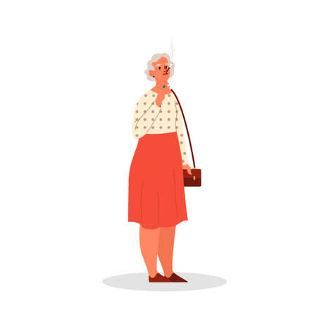 Old person smoking. Retired woman standing and smoking cigarette. Tobacco addiction. Vector cartoon illustration.のイラスト素材
