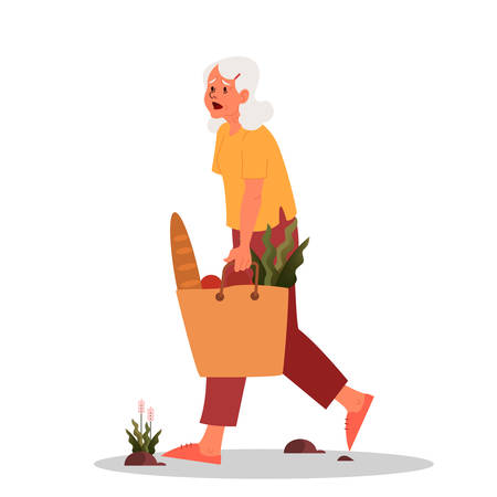 Tired old woman walking with a grocery bag. Eldery person with lack of energy. Exhausted grandmother. Vector illustration in cartoon styleのイラスト素材