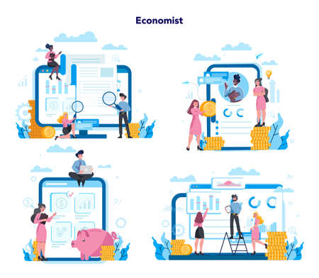 Economics and finance online service on differernt device, computer, laptop, tablet and smartphone. Investment consultation and audit. Business capital lending. Vector illustration setのイラスト素材