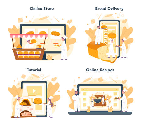 Baker and bakery online service or platform set. Chef in the uniform baking bread. Baking pastry process. Online shop, delivery, recipe or video tutorial. Isolated vector illustration in cartoon styleのイラスト素材