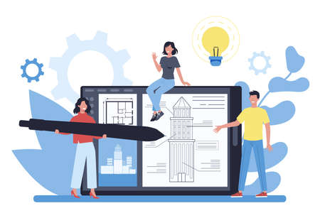 Online architecture platform on differernt device concept. Idea of building project and construction work. Scheme of house, engineer industry. Construction company business. Vector illustrationのイラスト素材
