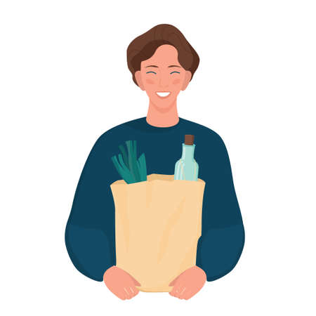 Happy young man holding a grocery paper bag in his hands. Buyerのイラスト素材