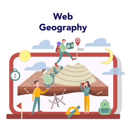 Geography online education sevice. Global science studying the lands, features, inhabitants of the Earth. Abstract vector illustration of geography online learning.のイラスト素材