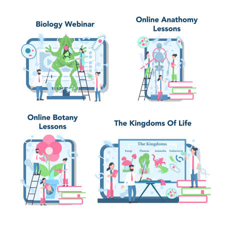 Biology school subject online education service or platform on differernt device concept set. Anatomy and botany lesson. dea of education and experiment. Vector illustration in cartoon styleのイラスト素材