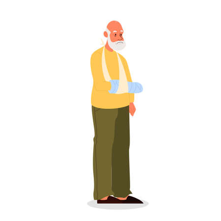 Old man with crutches, having a gypsum bandage. Male senior withのイラスト素材
