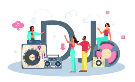 DJ typographic header concept. Person standing at turntable mixerのイラスト素材