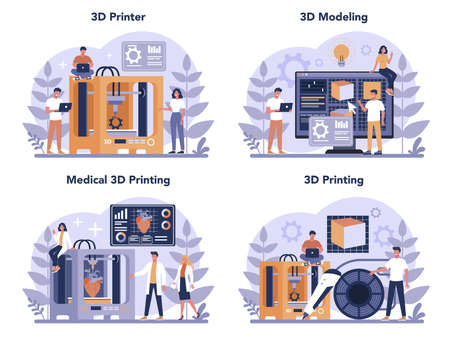 3D Printing technology concept set. 3D printer equipment and engineer.
