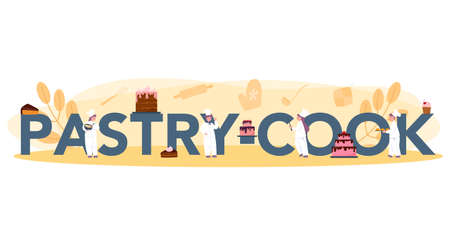 Pastry cook typographic header concept. Professional confectioner chef. Sweet baker cooking pie for holiday, cupcake, chocolate brownie. Isolated flat vector illustrationのイラスト素材