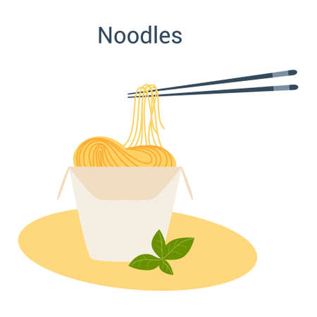 Chinese noodles with bamboo chopsticks. Fast-food asian cuisine. Noodle in takeaway paper conainer. Isolated vector illustration in cartoon styleのイラスト素材