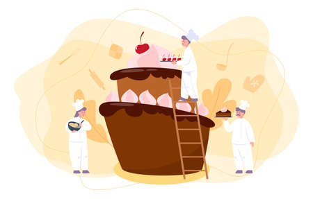 Confectioner. Professional confectioner chef. Sweet baker cooking pie for holiday, cupcake, chocolate brownie. Isolated flat vector illustrationのイラスト素材