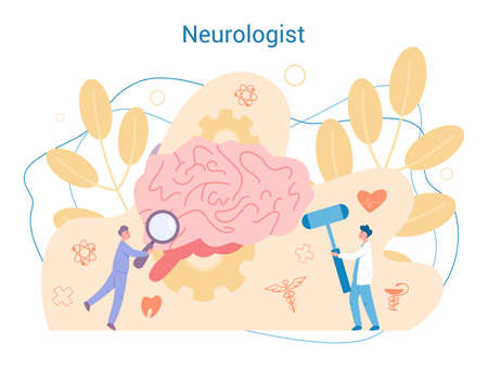 Neurologist concept. Doctor examine huge brain. Idea of doctor caring about patient health. Medical treatment and recovery. Vector illustration in cartoon styleのイラスト素材