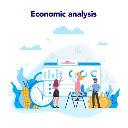 Economic analysis concept. Work wih data and financial operations. Audit, optimization and strategy. People working with graph and diagram. Isolated vector flat illustrationのイラスト素材