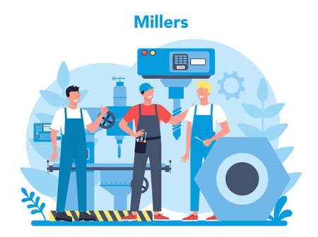 Miller and milling concept illustration. Engineer drilling metaのイラスト素材