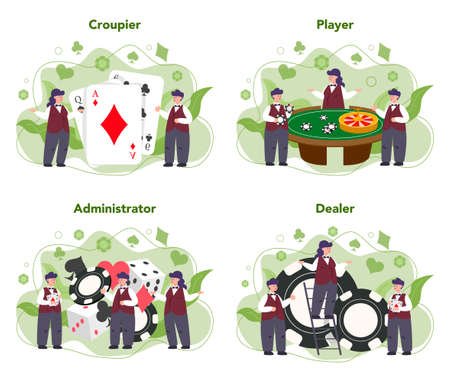 Croupier concept set. Dealer in casino near roulette table.のイラスト素材