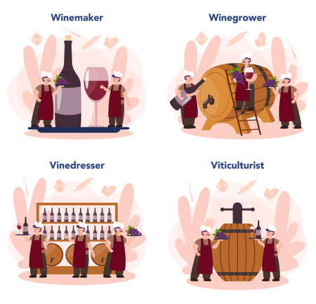 Wine maker concept set. Man wearing his apron with a bottle of a redのイラスト素材